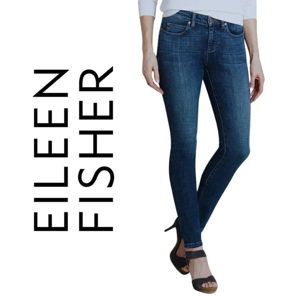 Eileen Fisher, Organic Cotton Mid-Rise Denim Slim Jean, Blue, Medium to Dark - Picture 1 of 7
